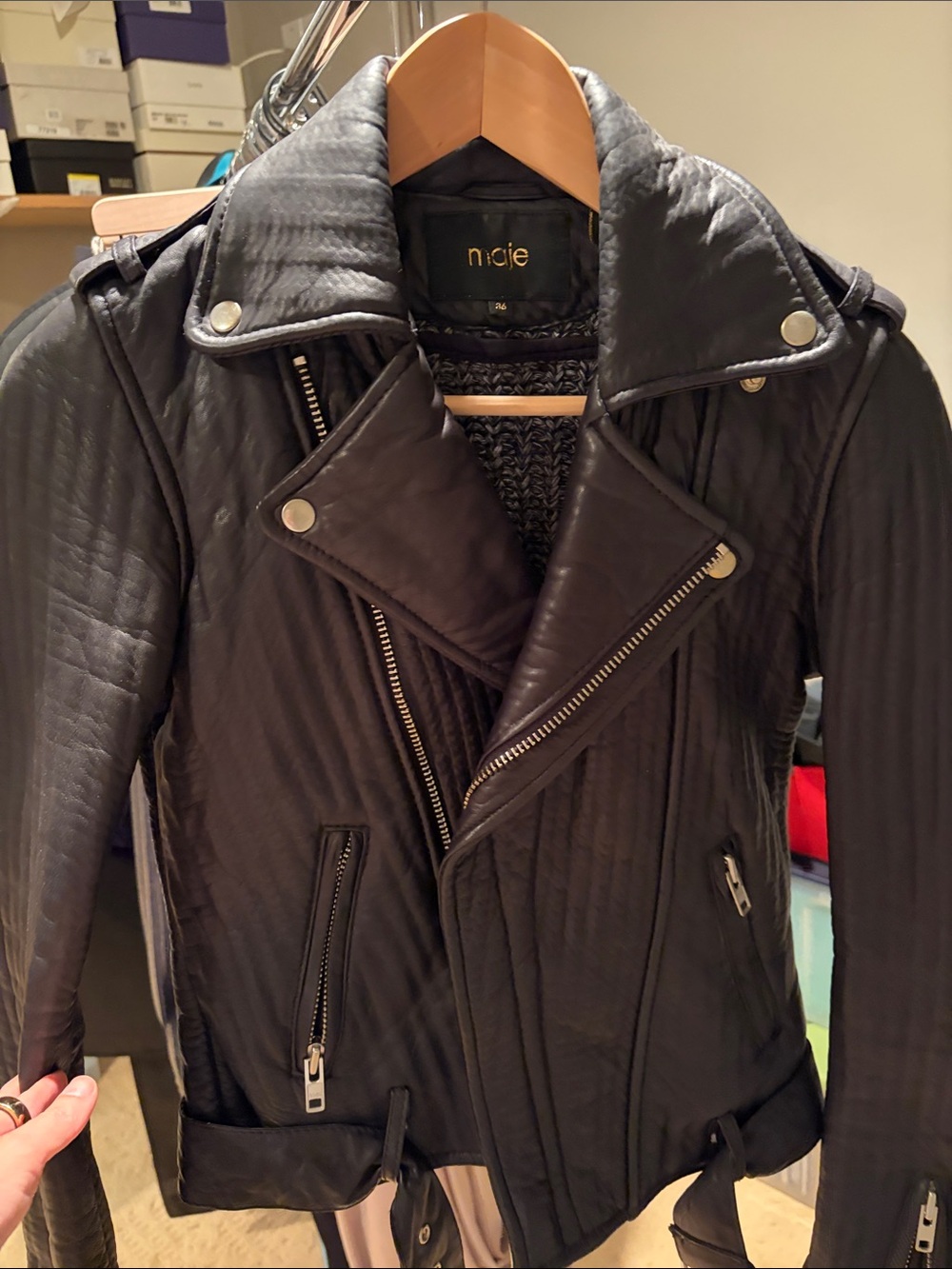 Maje Black Quilted Moto Leather Jacket